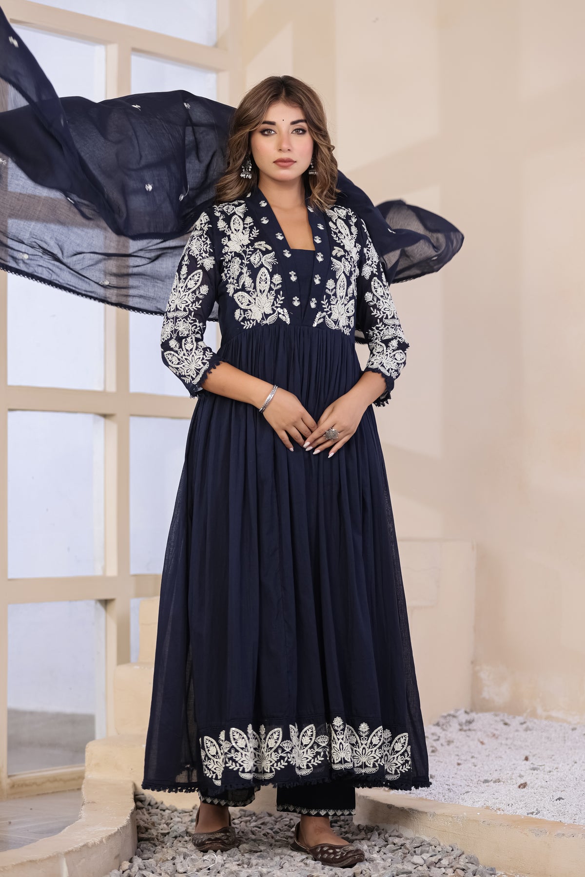 Navy Blue Fabric Mall Cotton Kurti Pant Dupatta 3Pcs Set