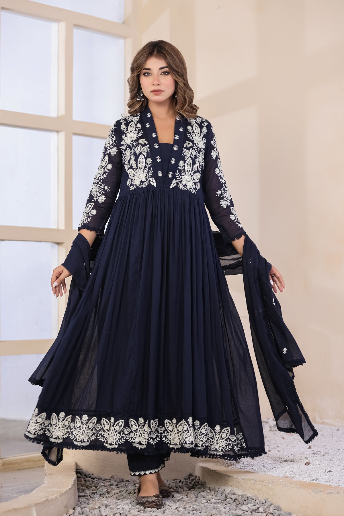 Navy Blue Fabric Mall Cotton Kurti Pant Dupatta 3Pcs Set