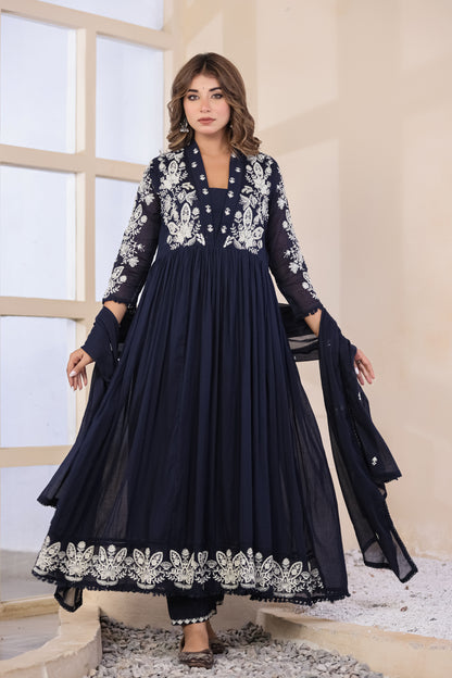 Navy Blue Fabric Mall Cotton Kurti Pant Dupatta 3Pcs Set