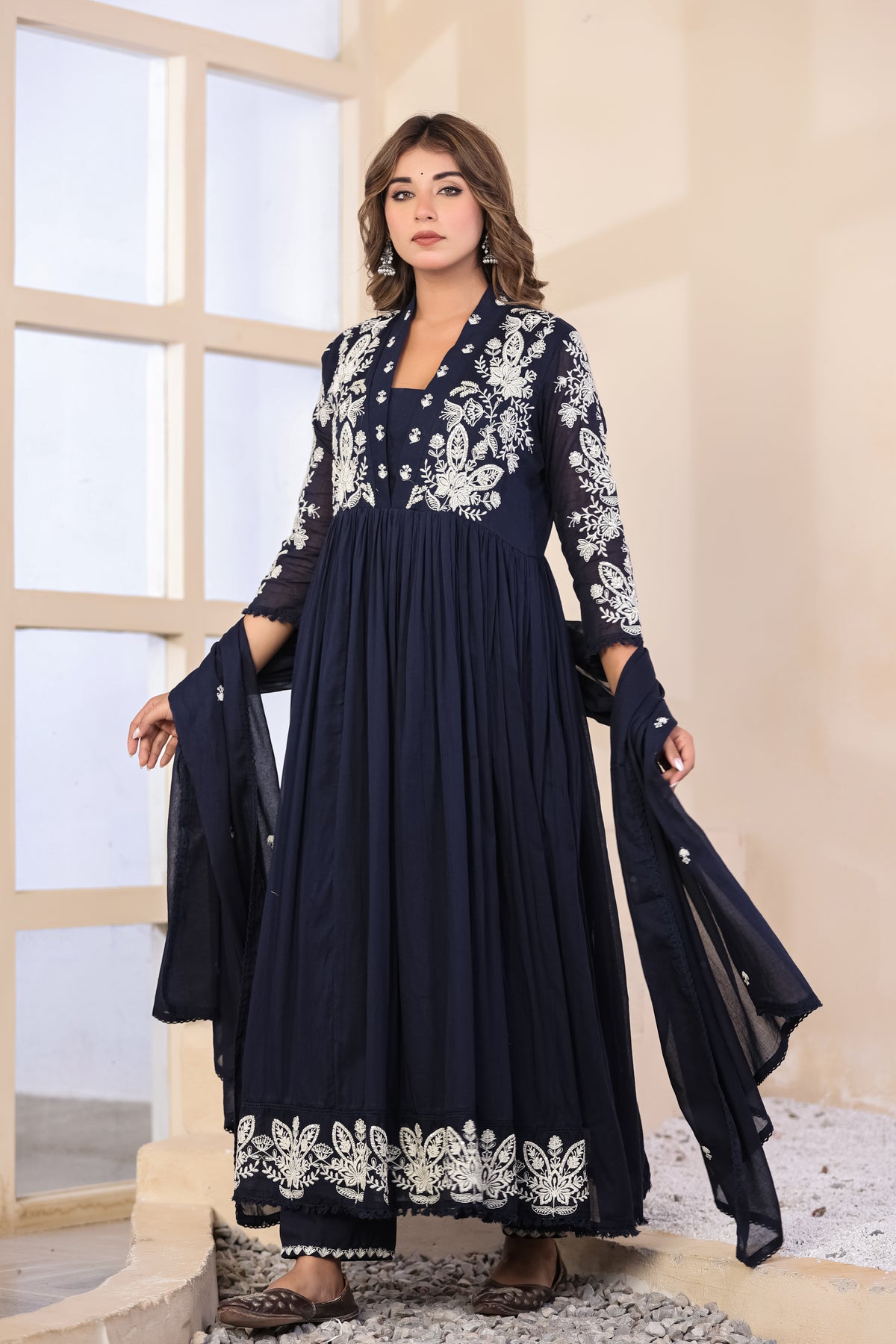 Navy Blue Fabric Mall Cotton Kurti Pant Dupatta 3Pcs Set