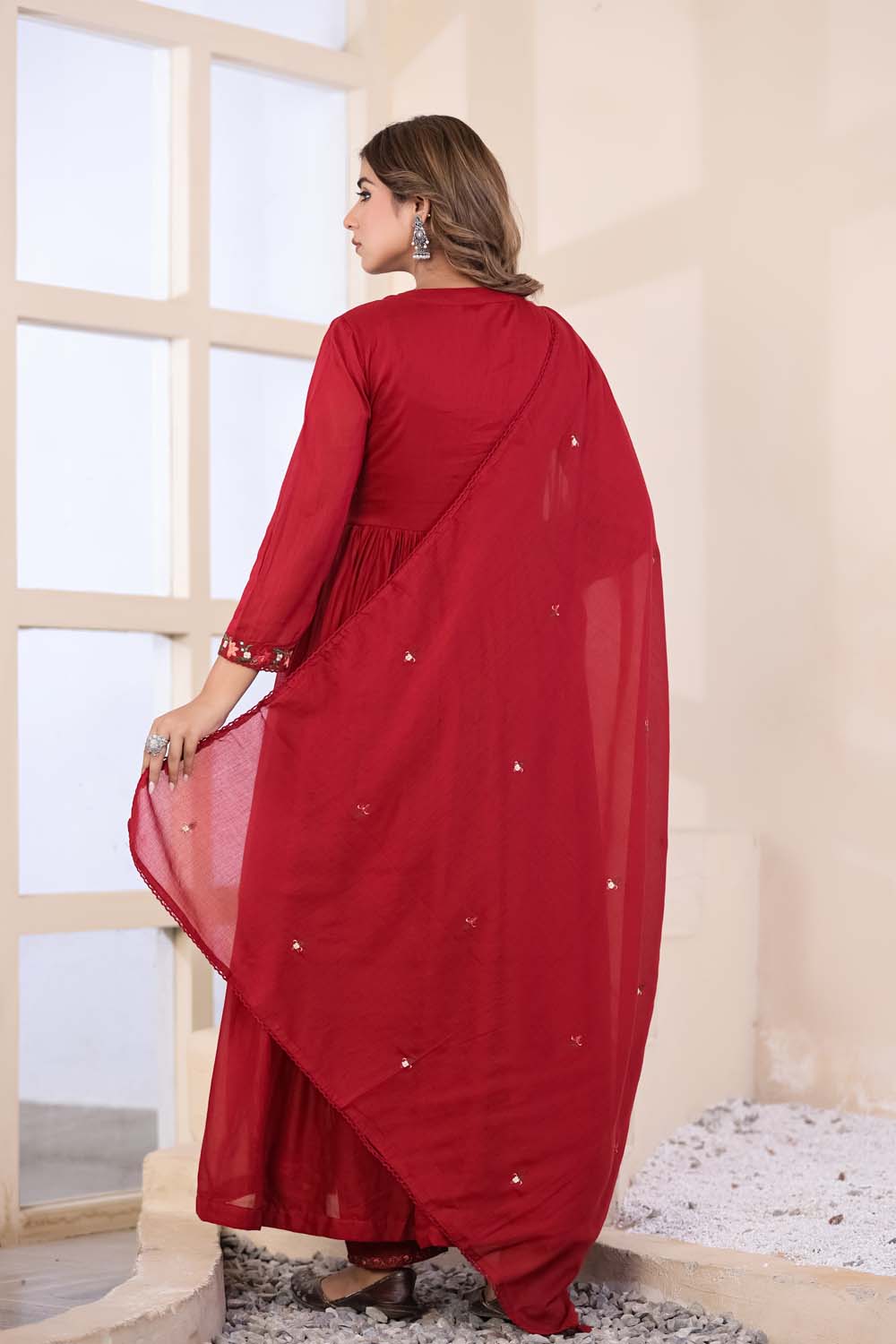 Maroon Fabric Mall Cotton Kurti Plazo Dupatta 3Pcs Set