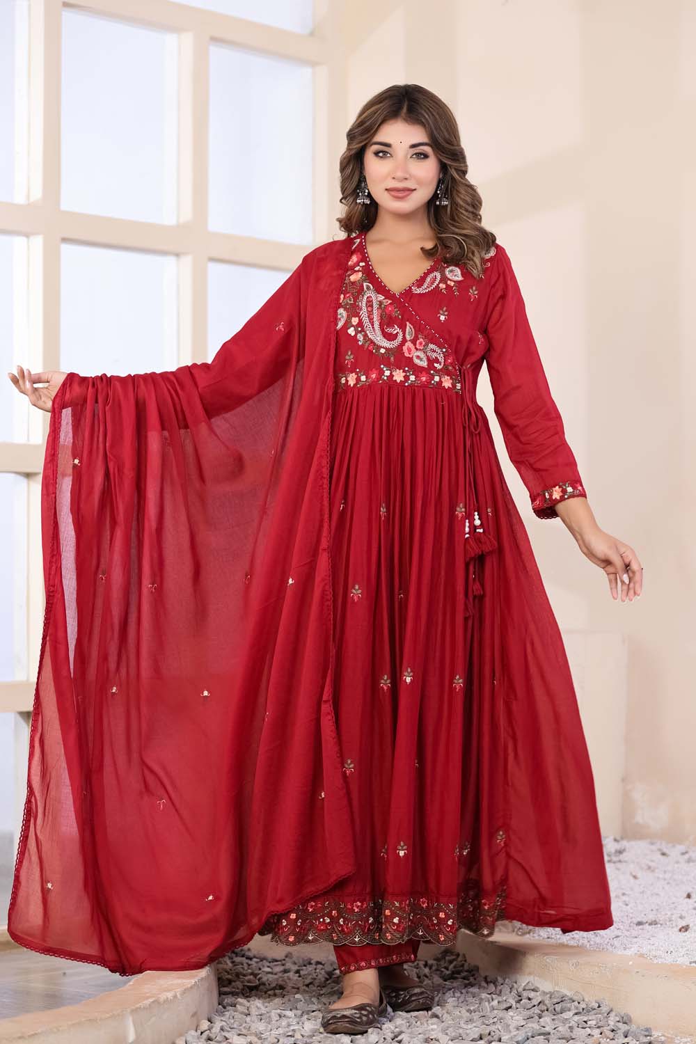 Maroon Fabric Mall Cotton Kurti Plazo Dupatta 3Pcs Set