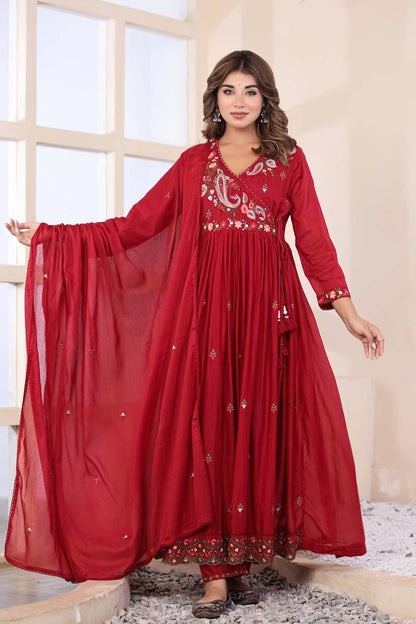 Maroon Fabric Mall Cotton Kurti Plazo Dupatta 3Pcs Set