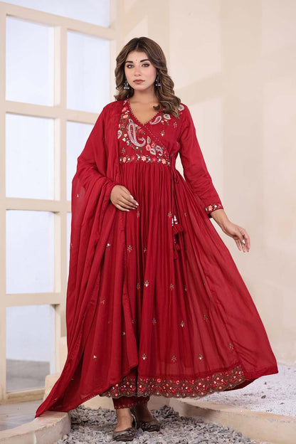 Maroon Fabric Mall Cotton Kurti Plazo Dupatta 3Pcs Set