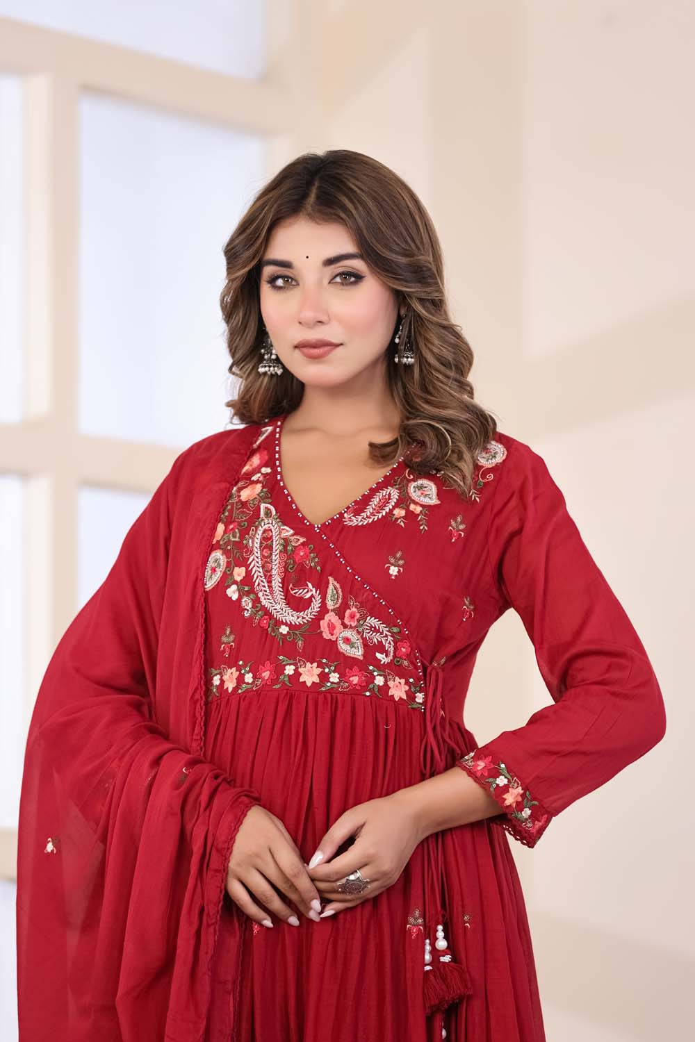 Maroon Fabric Mall Cotton Kurti Plazo Dupatta 3Pcs Set