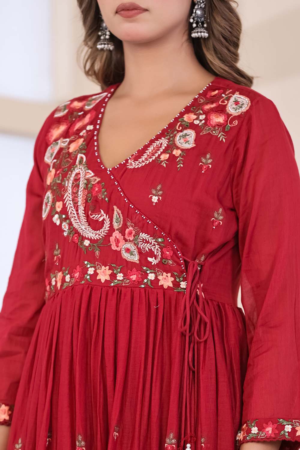 Maroon Fabric Mall Cotton Kurti Plazo Dupatta 3Pcs Set