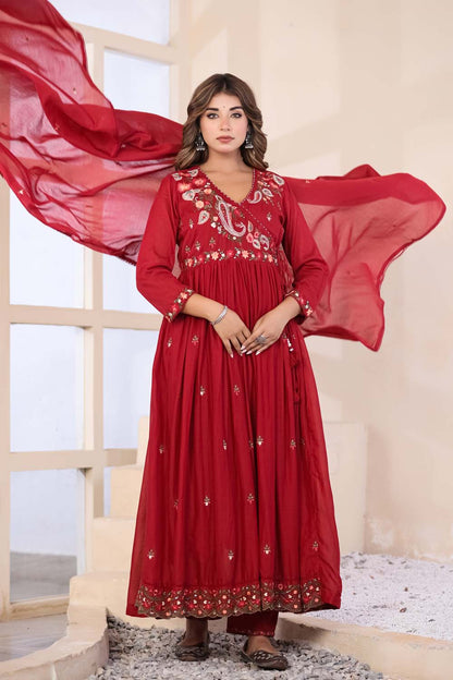 Maroon Fabric Mall Cotton Kurti Plazo Dupatta 3Pcs Set