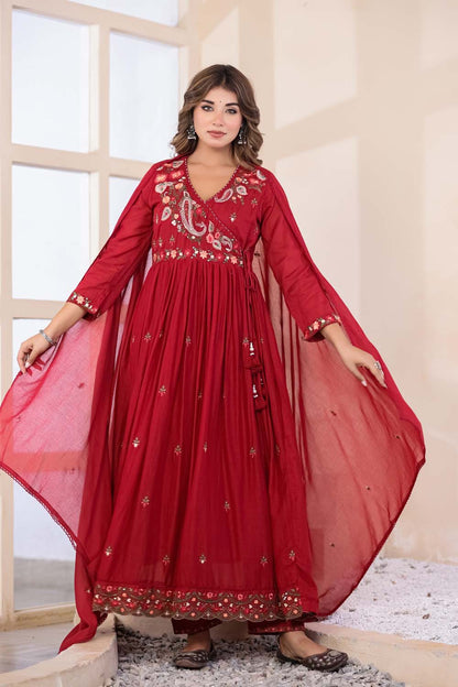 Maroon Fabric Mall Cotton Kurti Plazo Dupatta 3Pcs Set