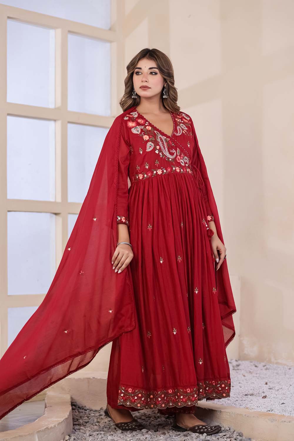 Maroon Fabric Mall Cotton Kurti Plazo Dupatta 3Pcs Set