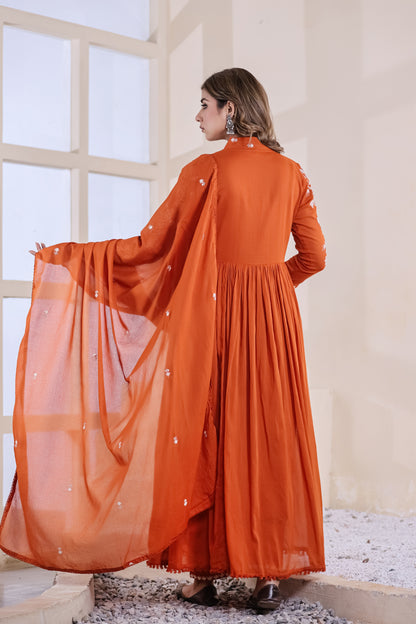 Rust Fabric Mall Cotton Kurti Pant Dupatta 3Pcs Set
