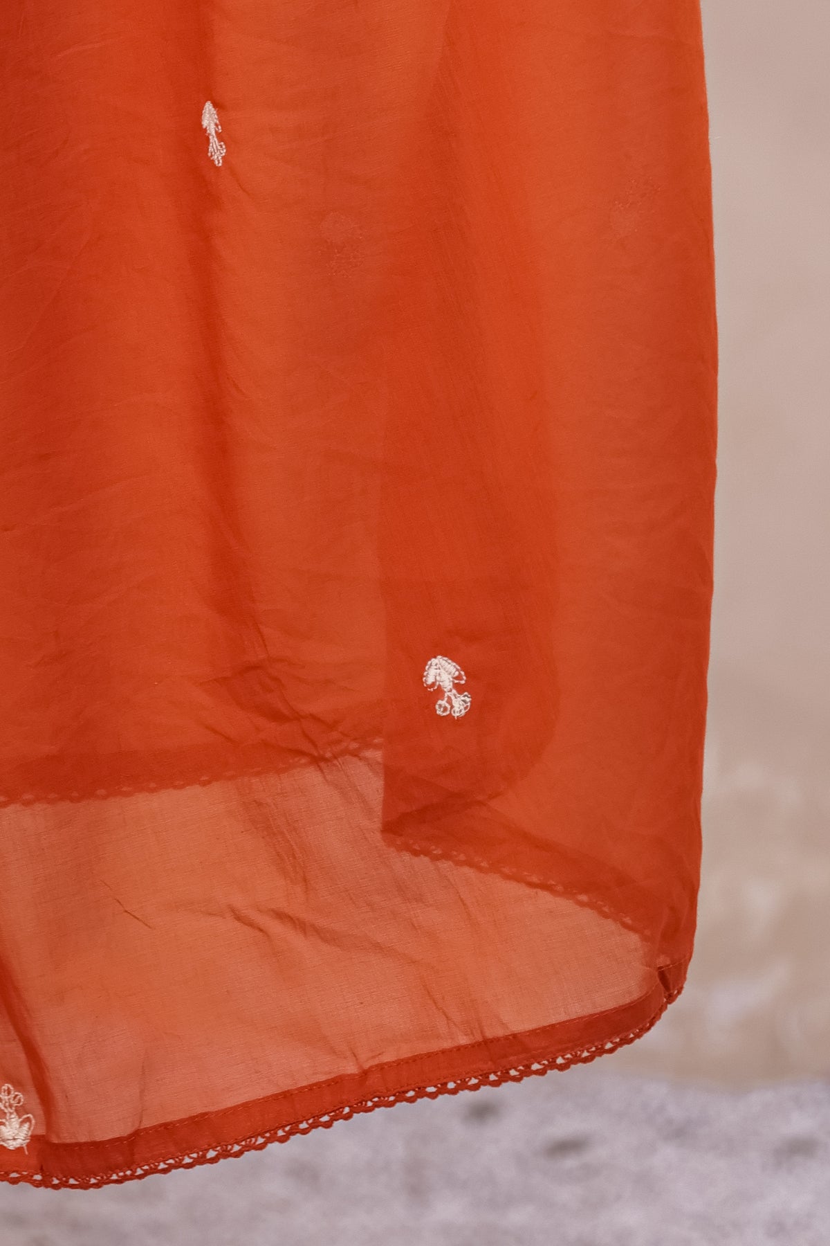 Rust Fabric Mall Cotton Kurti Pant Dupatta 3Pcs Set