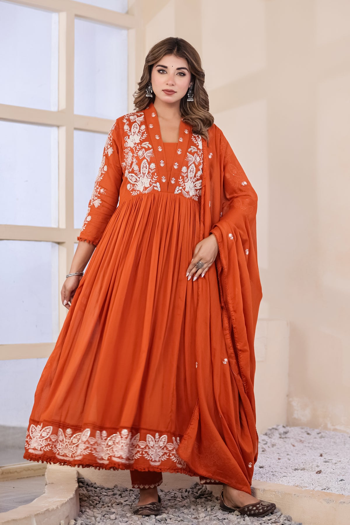 Rust Fabric Mall Cotton Kurti Pant Dupatta 3Pcs Set