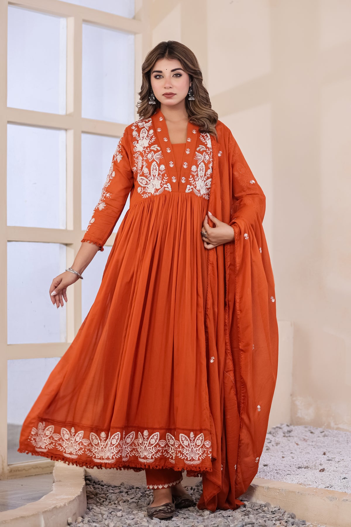 Rust Fabric Mall Cotton Kurti Pant Dupatta 3Pcs Set