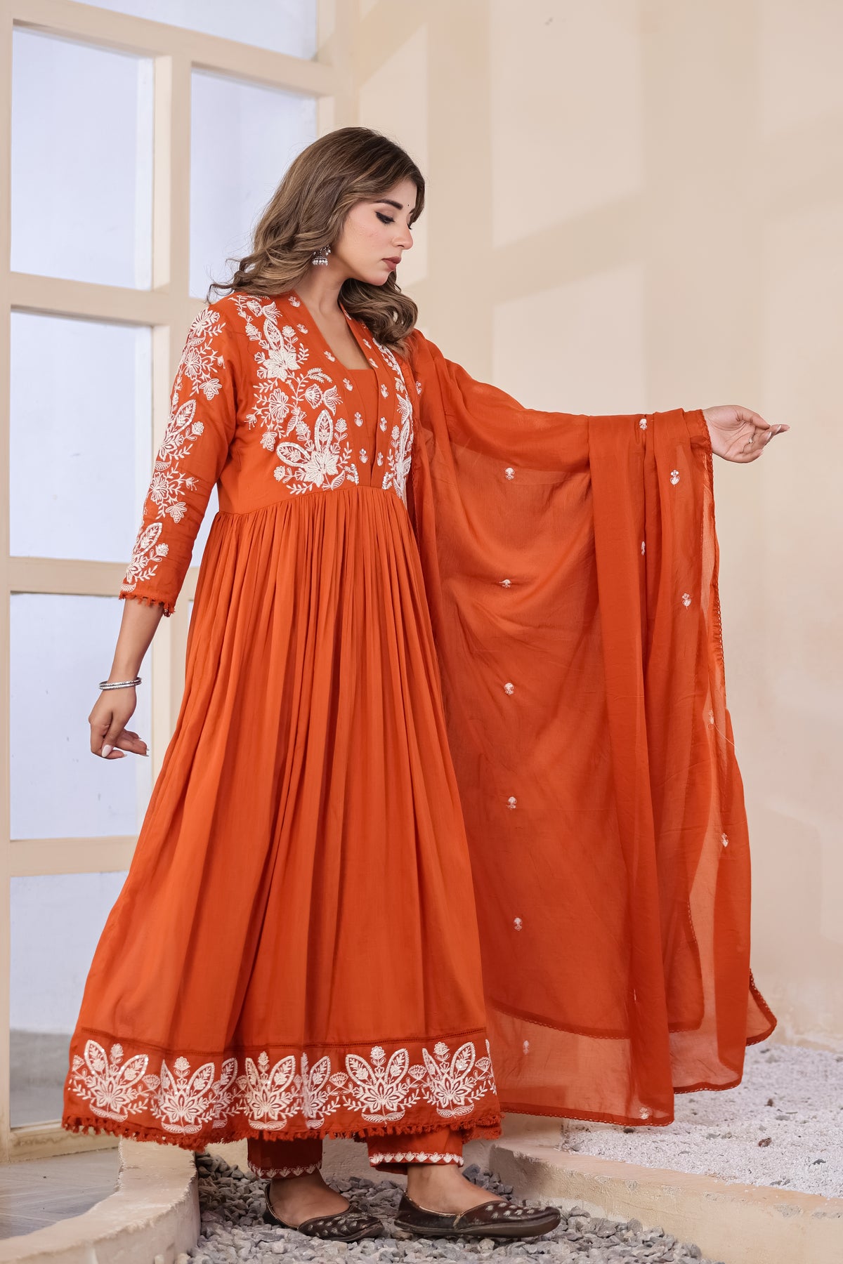 Rust Fabric Mall Cotton Kurti Pant Dupatta 3Pcs Set