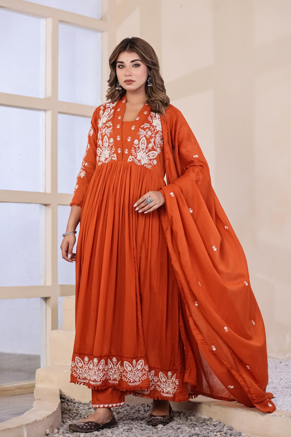 Rust Fabric Mall Cotton Kurti Pant Dupatta 3Pcs Set