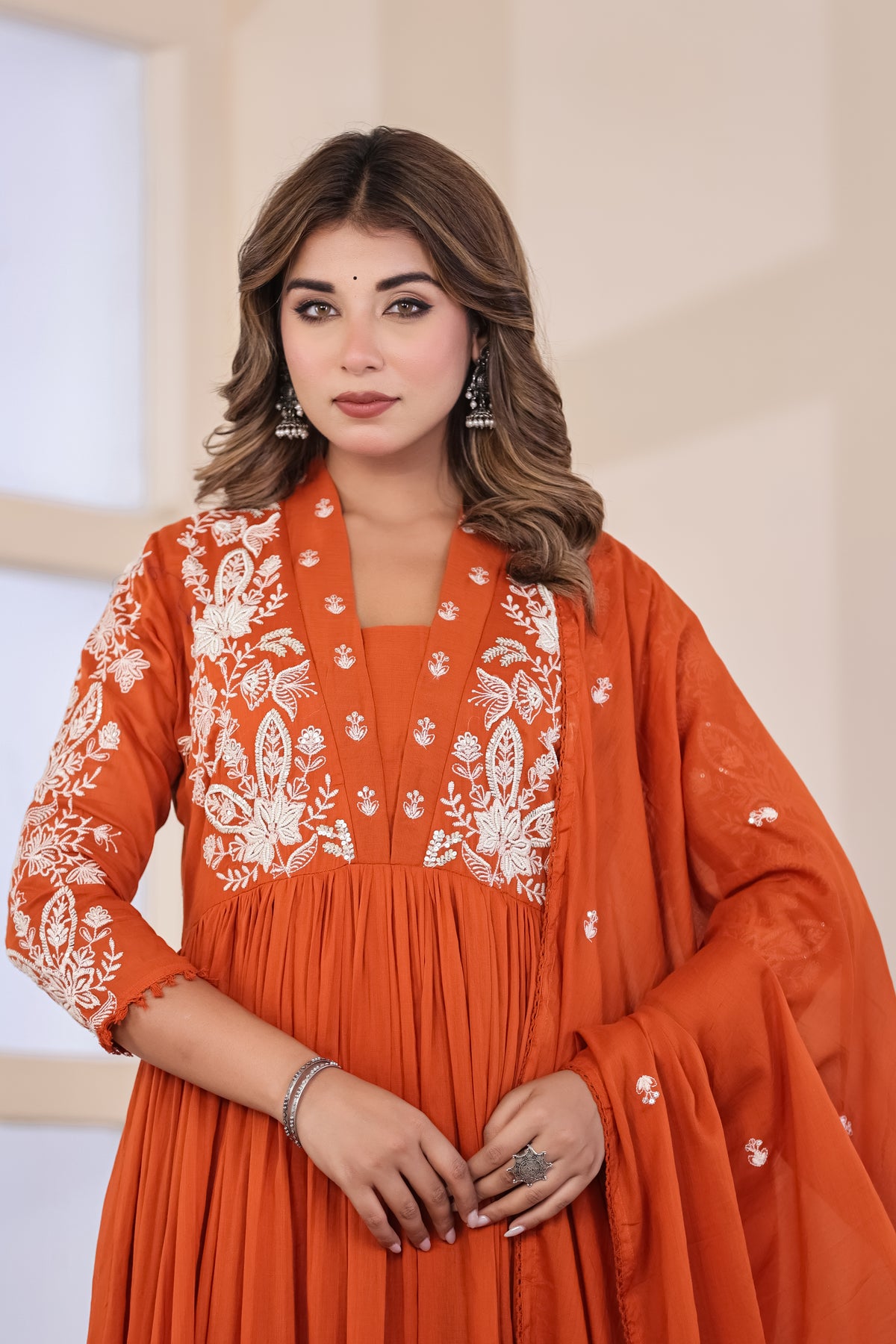 Rust Fabric Mall Cotton Kurti Pant Dupatta 3Pcs Set