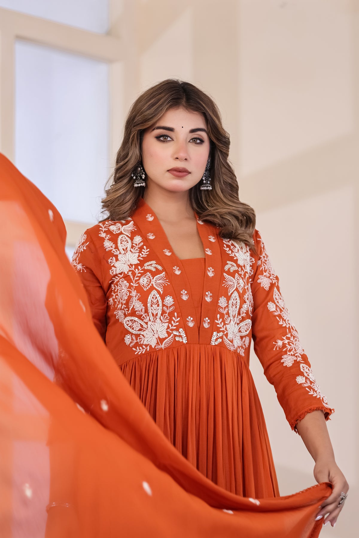 Rust Fabric Mall Cotton Kurti Pant Dupatta 3Pcs Set