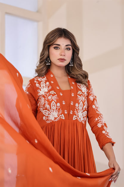 Rust Fabric Mall Cotton Kurti Pant Dupatta 3Pcs Set