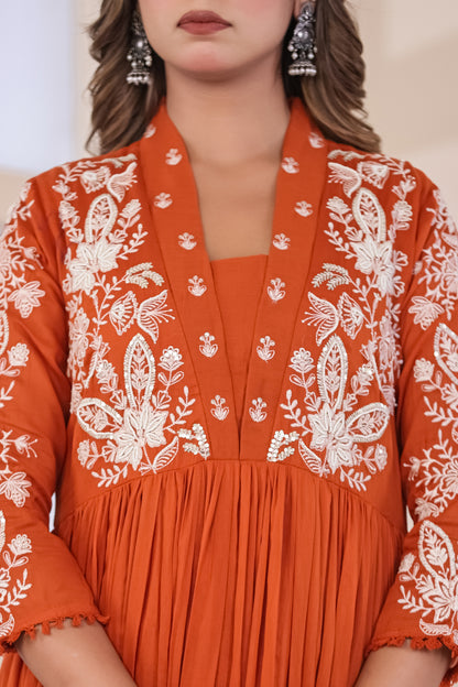 Rust Fabric Mall Cotton Kurti Pant Dupatta 3Pcs Set
