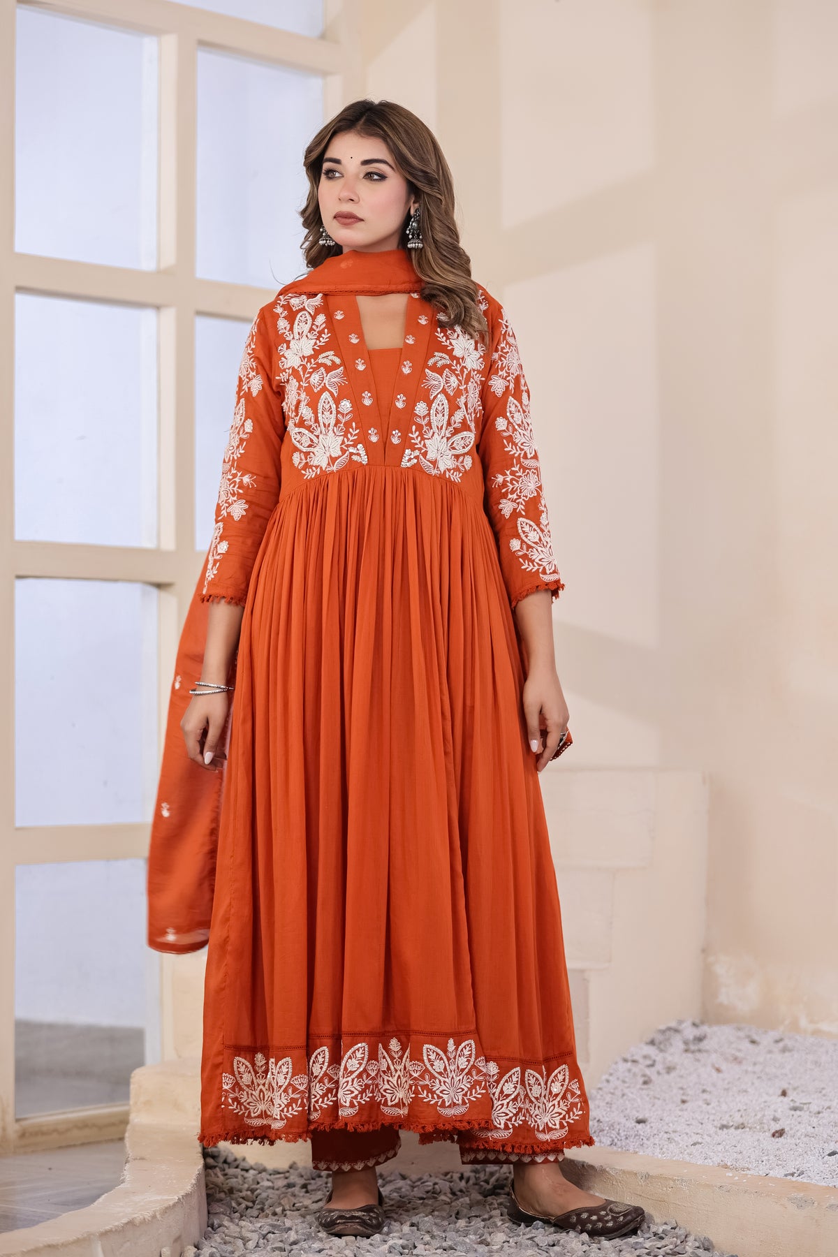 Rust Fabric Mall Cotton Kurti Pant Dupatta 3Pcs Set