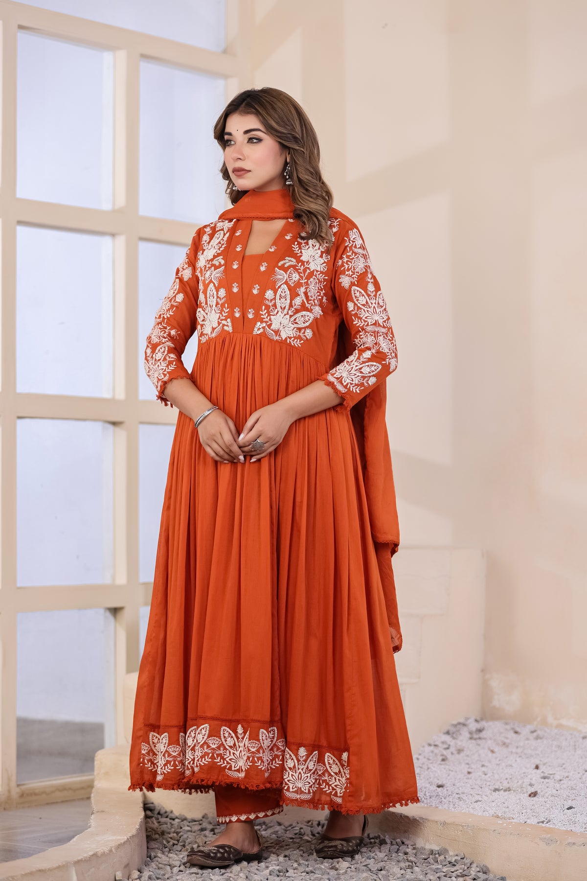 Rust Fabric Mall Cotton Kurti Pant Dupatta 3Pcs Set