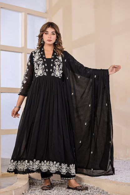 Black Fabric Mall Cotton Kurti Pant Dupatta 3Pcs Set