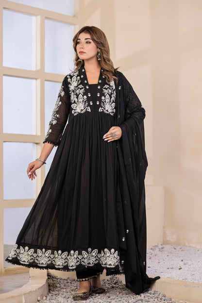Black Fabric Mall Cotton Kurti Pant Dupatta 3Pcs Set