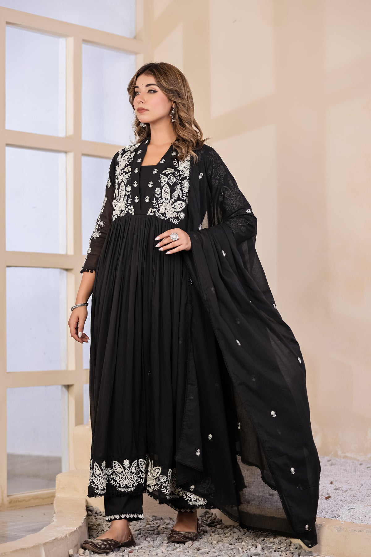 Black Fabric Mall Cotton Kurti Pant Dupatta 3Pcs Set