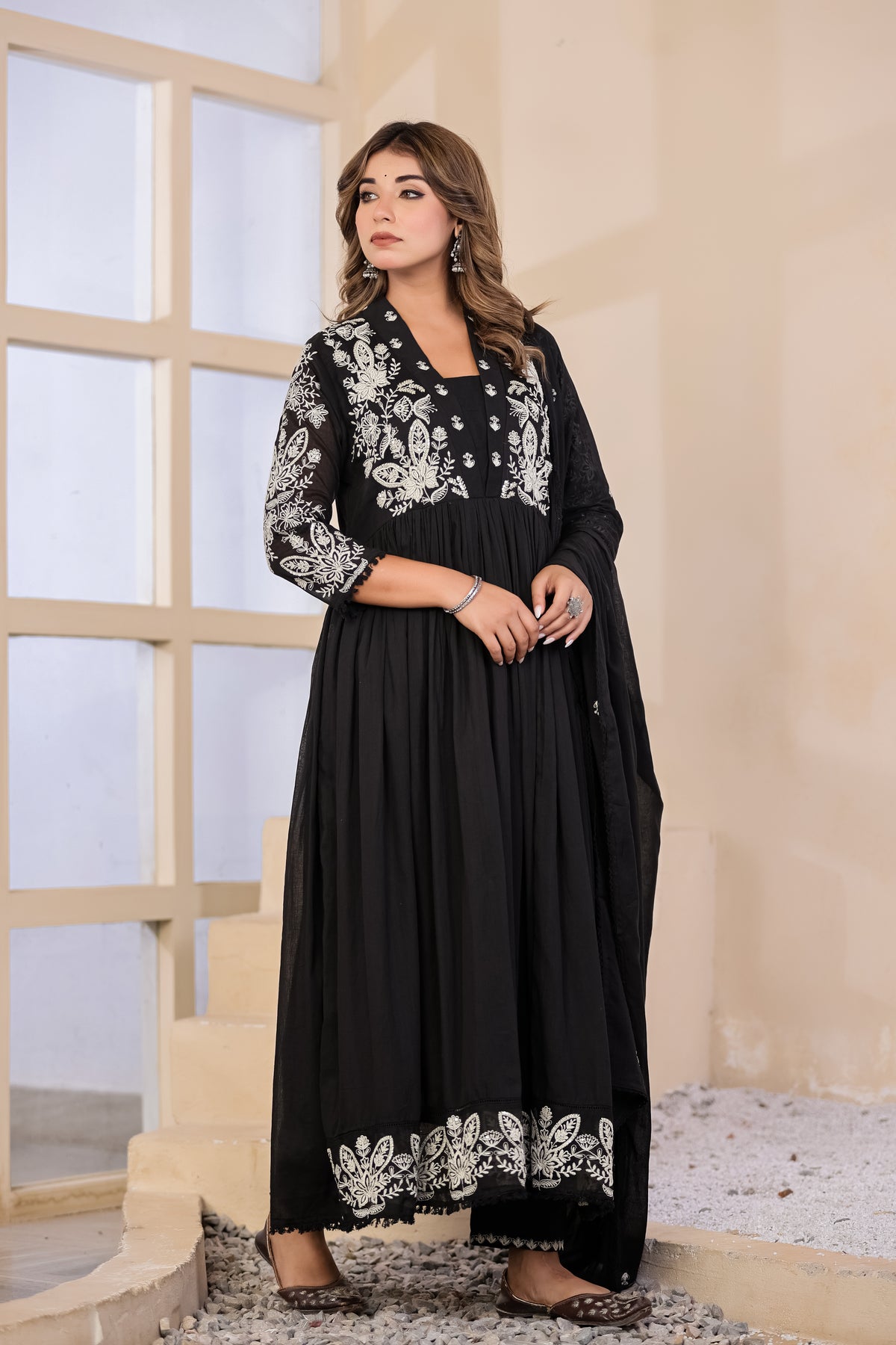 Black Fabric Mall Cotton Kurti Pant Dupatta 3Pcs Set