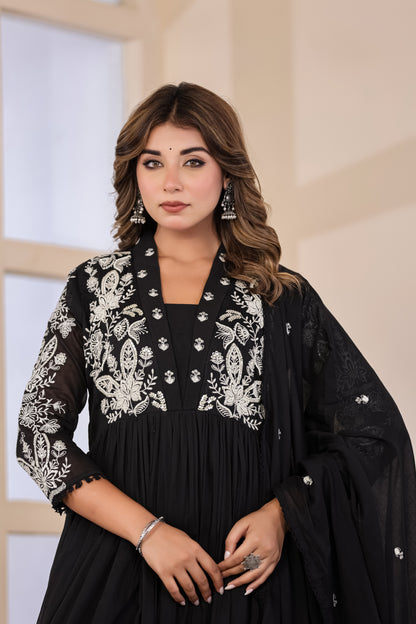 Black Fabric Mall Cotton Kurti Pant Dupatta 3Pcs Set