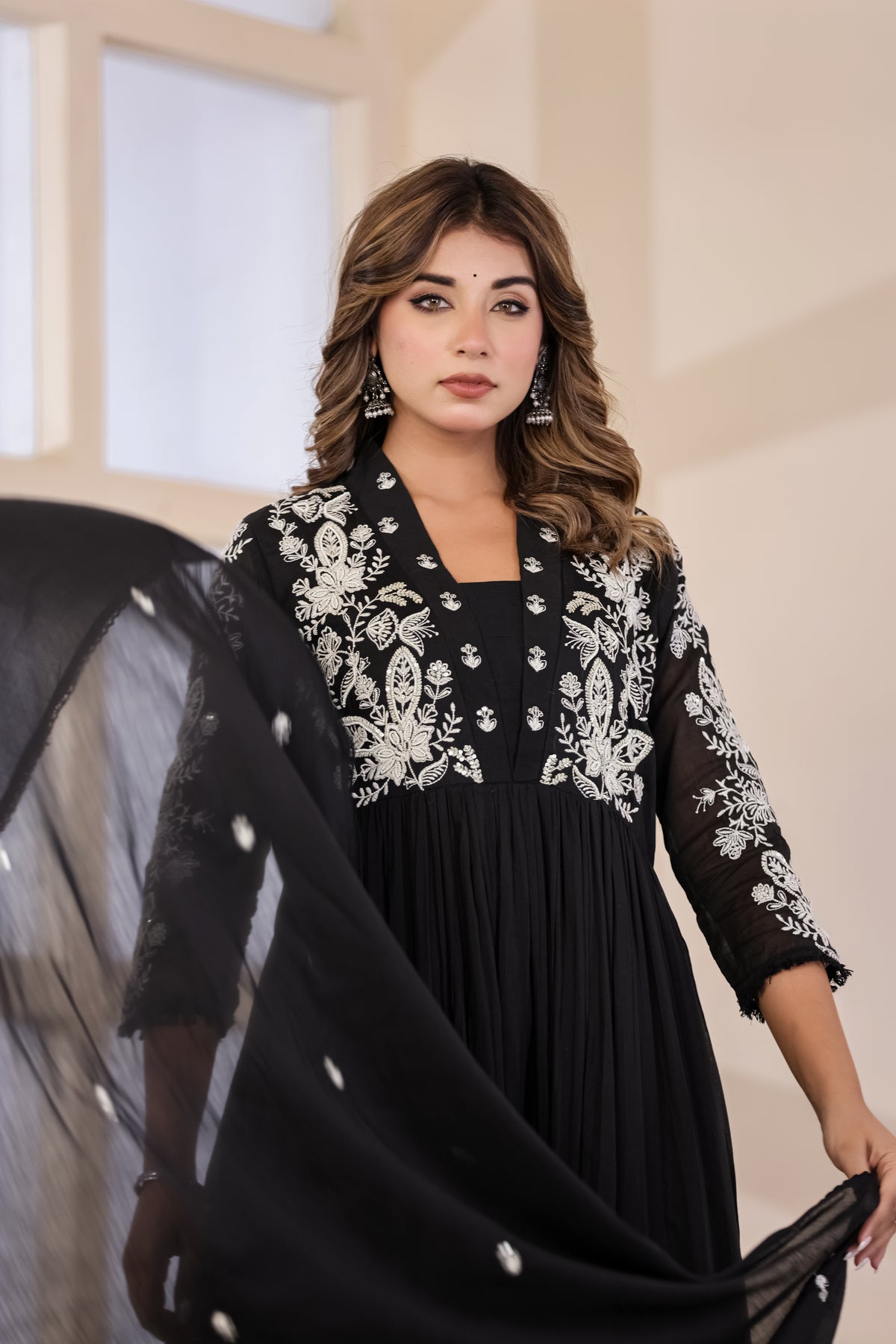 Black Fabric Mall Cotton Kurti Pant Dupatta 3Pcs Set