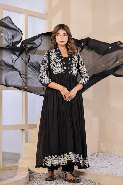 Black Fabric Mall Cotton Kurti Pant Dupatta 3Pcs Set