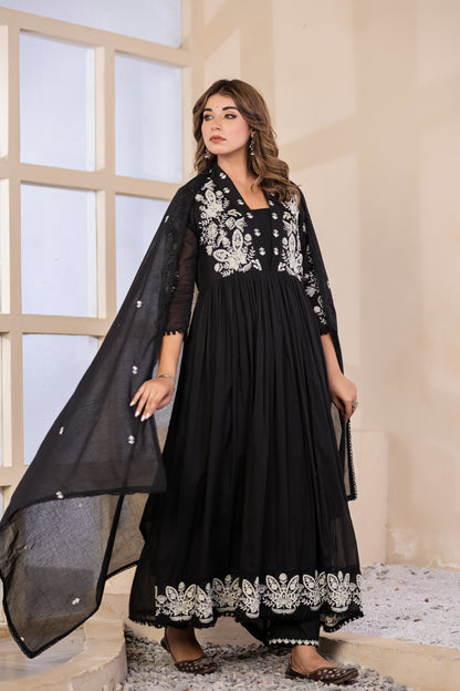Black Fabric Mall Cotton Kurti Pant Dupatta 3Pcs Set