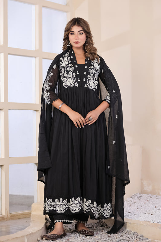 Black Fabric Mall Cotton Kurti Pant Dupatta 3Pcs Set