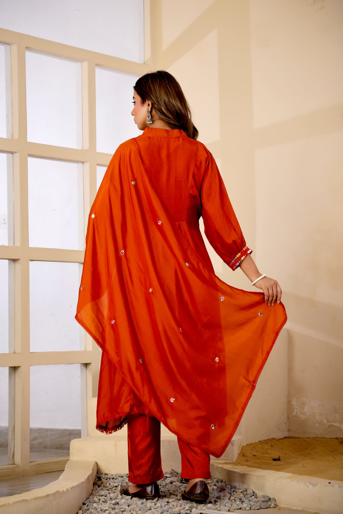 Rust Fabric Mall Cotton Kurti Pant Dupatta 3Pcs Set