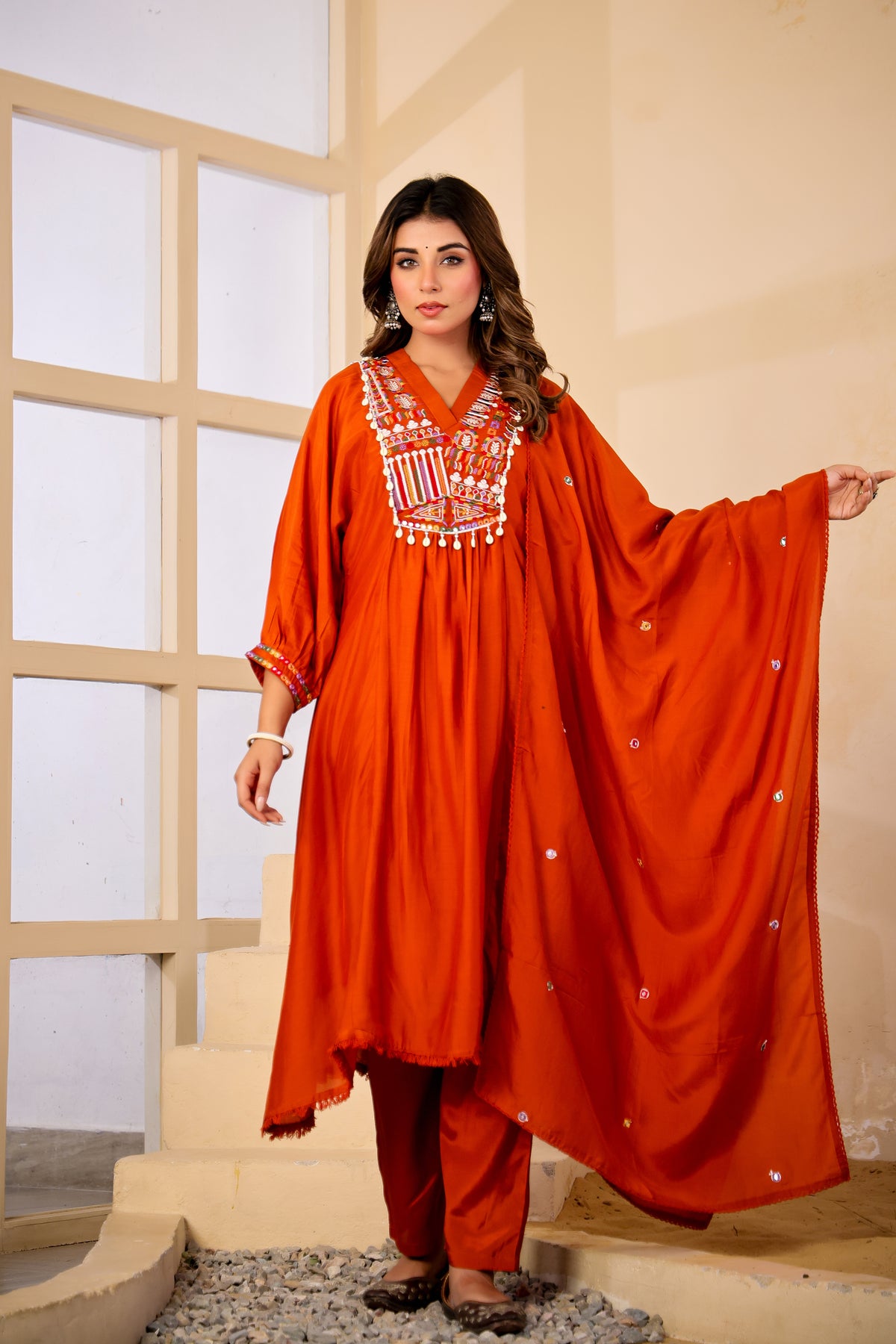 Rust Fabric Mall Cotton Kurti Pant Dupatta 3Pcs Set