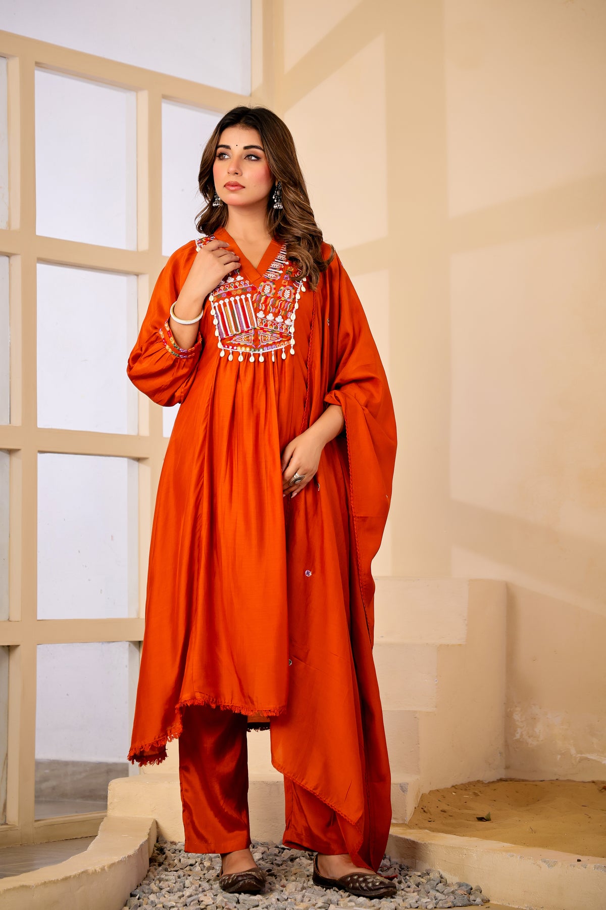 Rust Fabric Mall Cotton Kurti Pant Dupatta 3Pcs Set