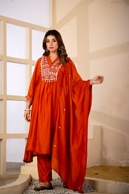 Rust Fabric Mall Cotton Kurti Pant Dupatta 3Pcs Set