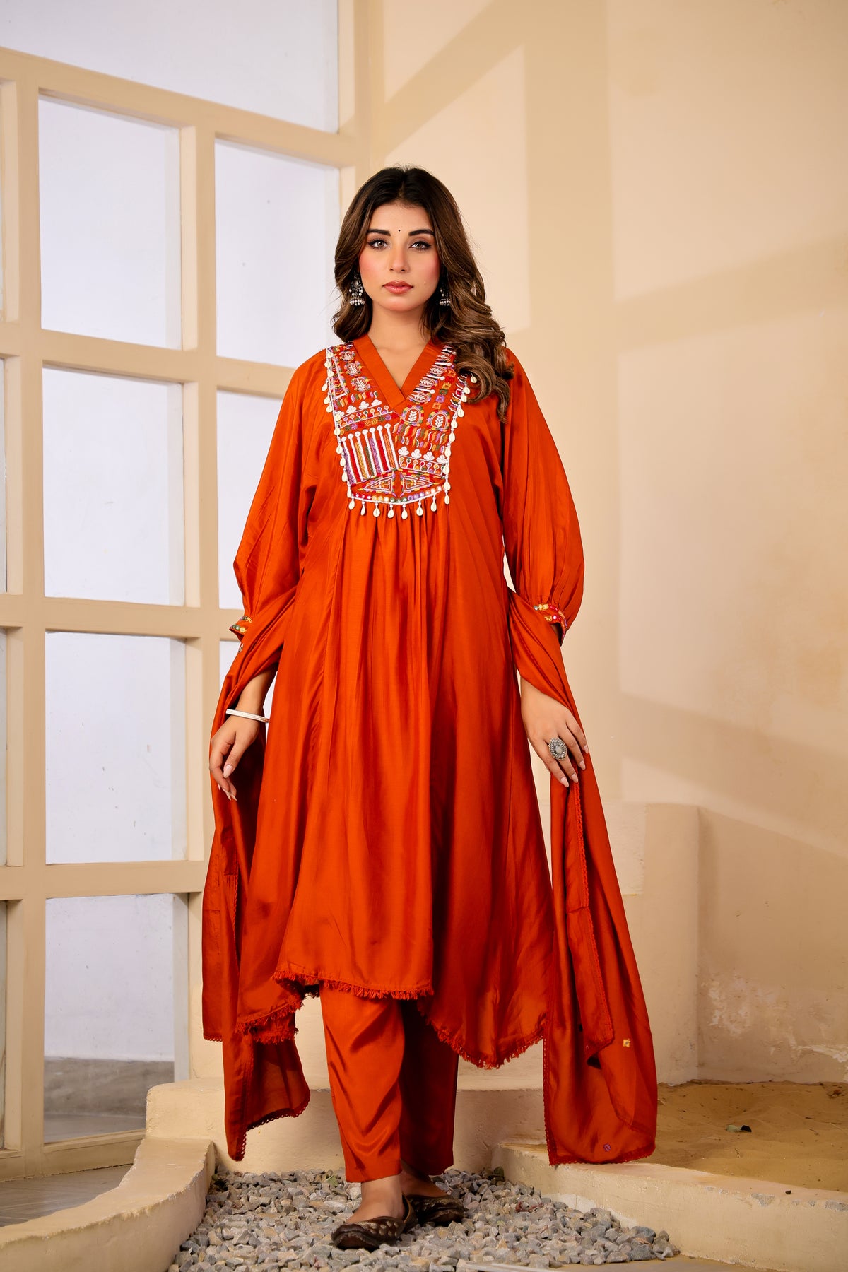 Rust Fabric Mall Cotton Kurti Pant Dupatta 3Pcs Set