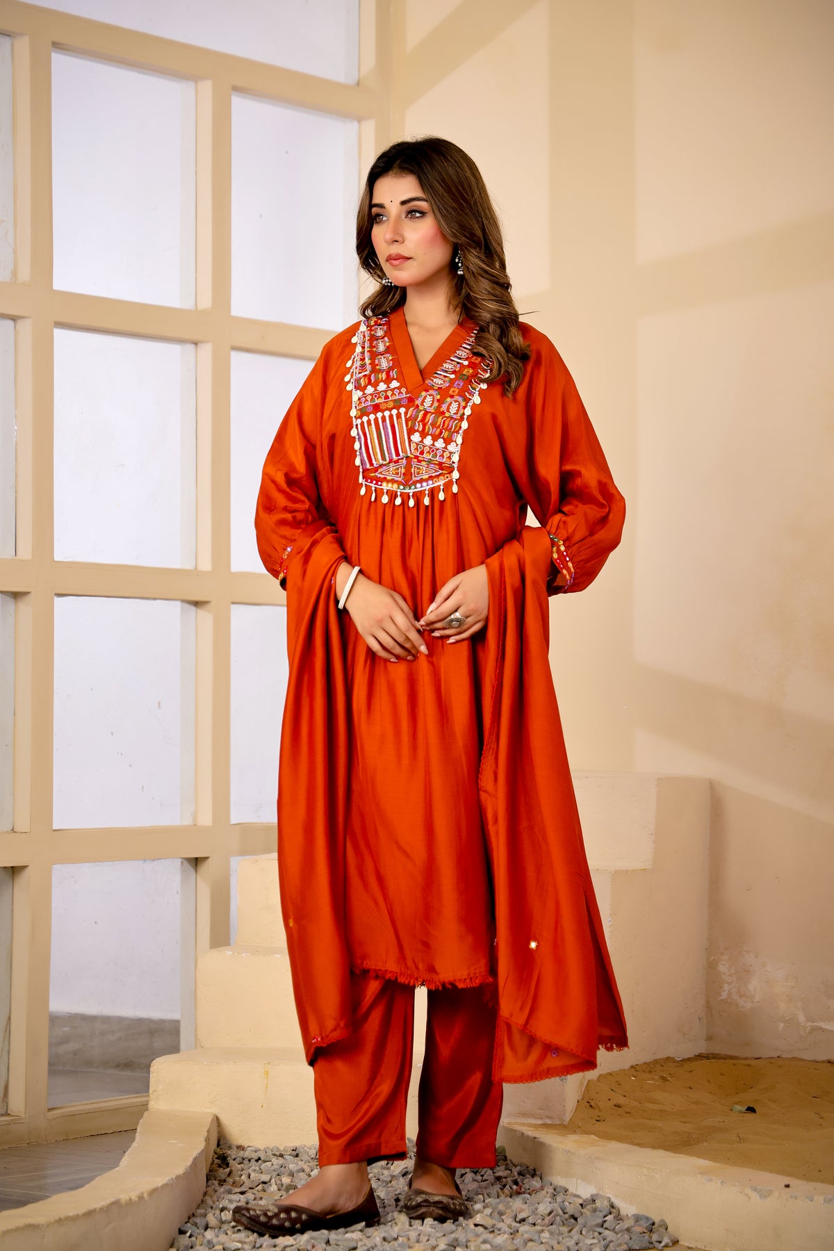 Rust Fabric Mall Cotton Kurti Pant Dupatta 3Pcs Set