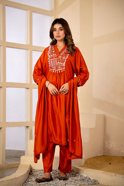 Rust Fabric Mall Cotton Kurti Pant Dupatta 3Pcs Set