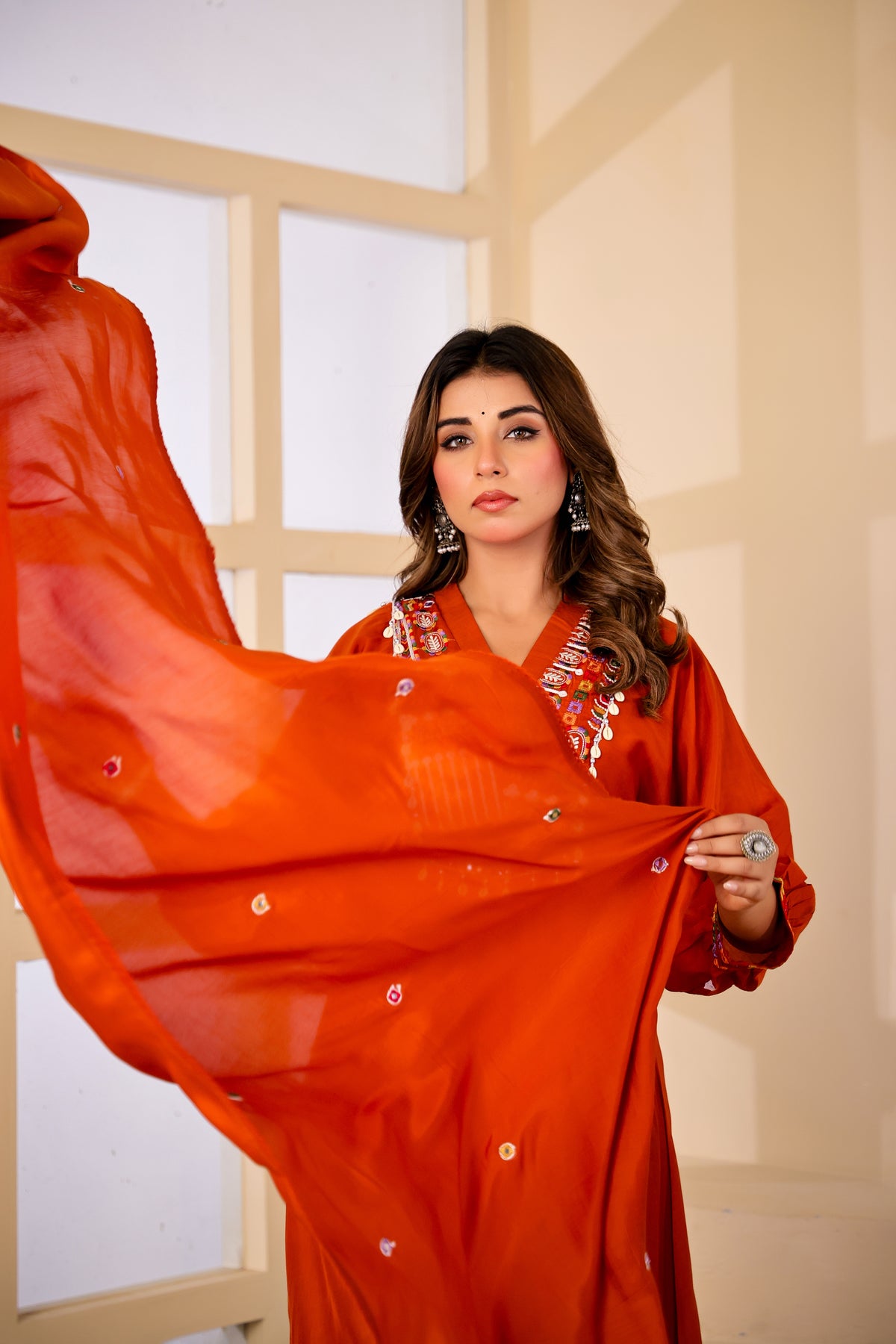 Rust Fabric Mall Cotton Kurti Pant Dupatta 3Pcs Set