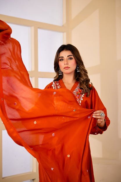 Rust Fabric Mall Cotton Kurti Pant Dupatta 3Pcs Set