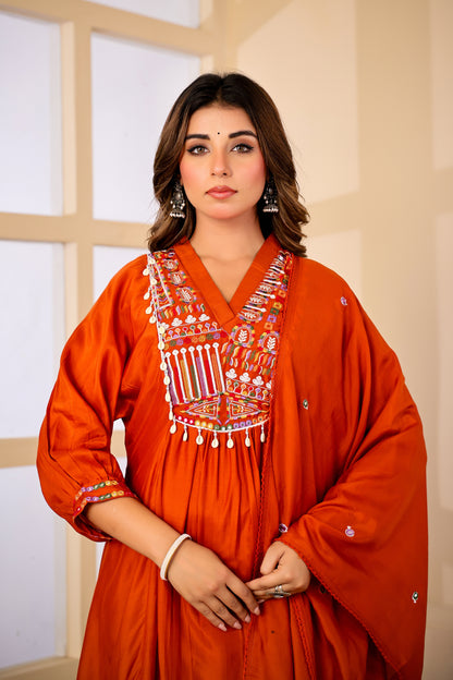 Rust Fabric Mall Cotton Kurti Pant Dupatta 3Pcs Set