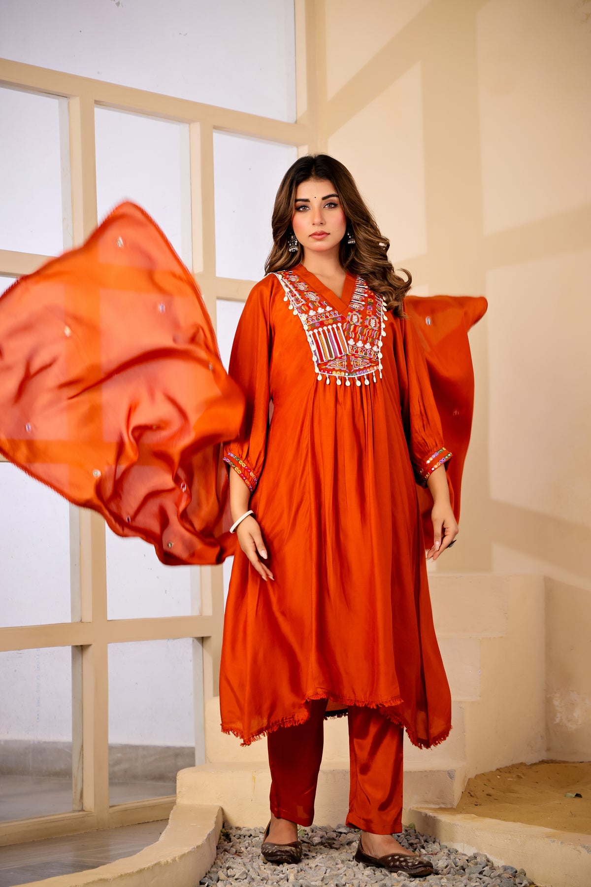 Rust Fabric Mall Cotton Kurti Pant Dupatta 3Pcs Set