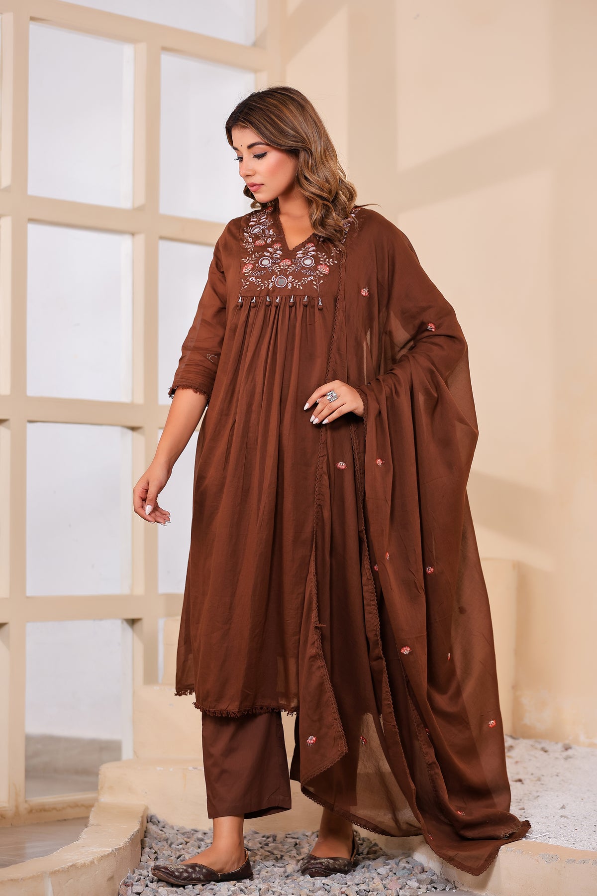 Brown Fabric Mall Cotton Kurti Plazo Dupatta 3Pcs Set