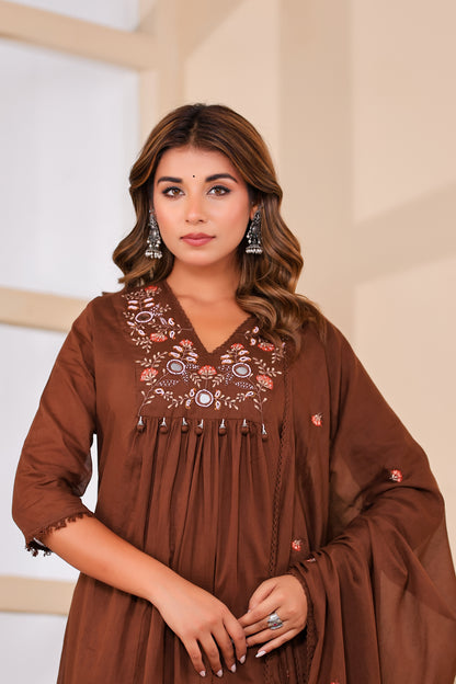 Brown Fabric Mall Cotton Kurti Plazo Dupatta 3Pcs Set