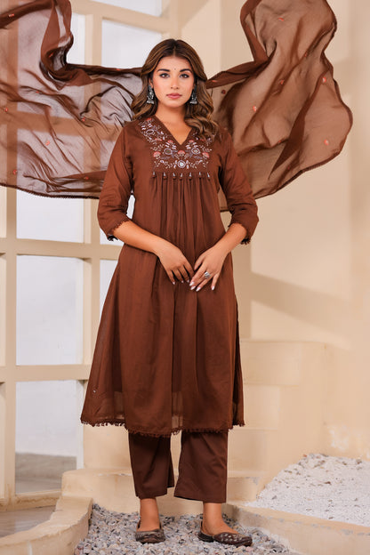 Brown Fabric Mall Cotton Kurti Plazo Dupatta 3Pcs Set