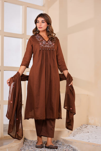 Brown Fabric Mall Cotton Kurti Plazo Dupatta 3Pcs Set