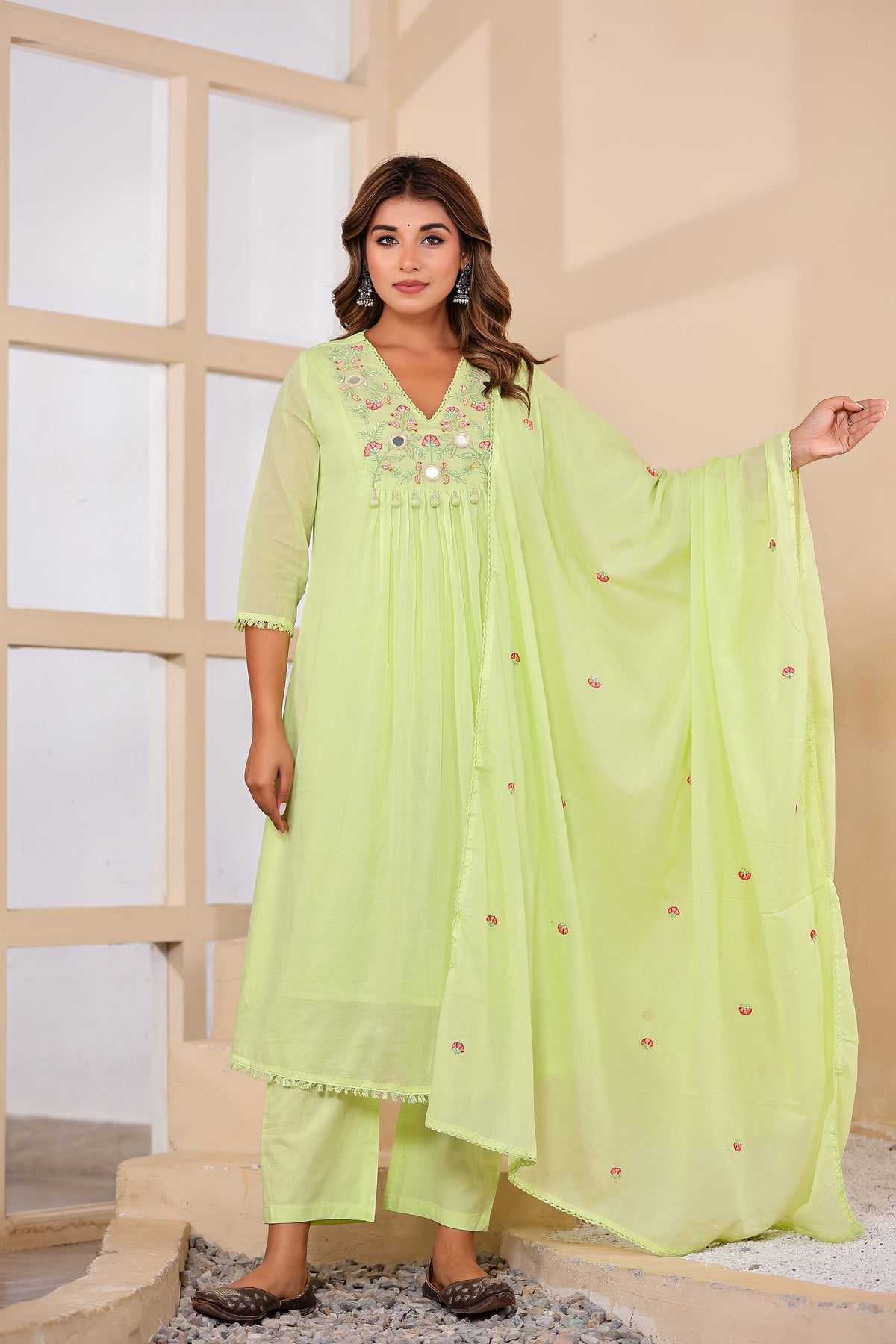 Green Fabric Mall Cotton Kurti Pant Dupatta 3Pcs Set